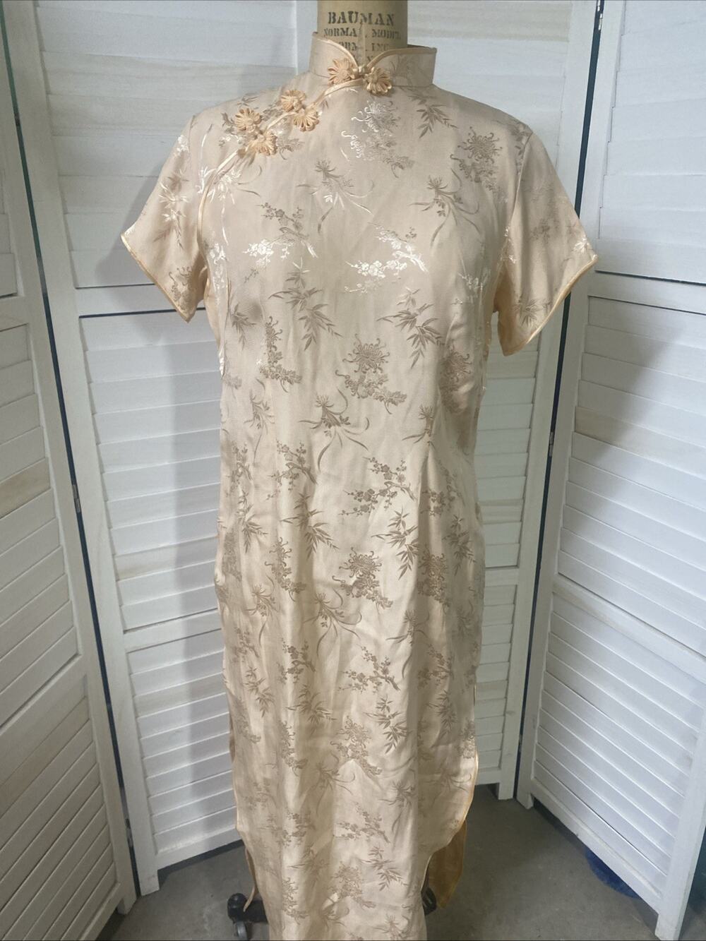Vintage Peony Brocade Mandarin Collar Cheongsam Peachy Silk Dress Sheath Size 42